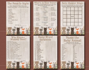 Woodland Baby Shower Game Package,  6 Printable forest animal Games, Woodland game pack, Bingo, Scramble Party Pack Instant Download 016