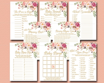 Peach Floral Baby Shower Games Package, 8 Games Pack, Pink, Gold boho Baby Shower Activity Bingo, Purse, Nursery Rhyme Instant Download 029