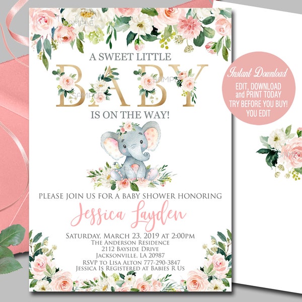 Girl Elephant Baby Shower Invitation, Blush Pink Editable Invitation template, YOU EDIT and Print,  Instant download 062