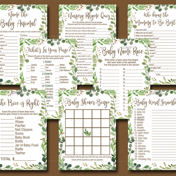 Greenery Baby Shower Games Package, Set of 8 Printable Games. Watercolor Botanical green Baby shower game pack, INSTANT DOWNLOAD 046