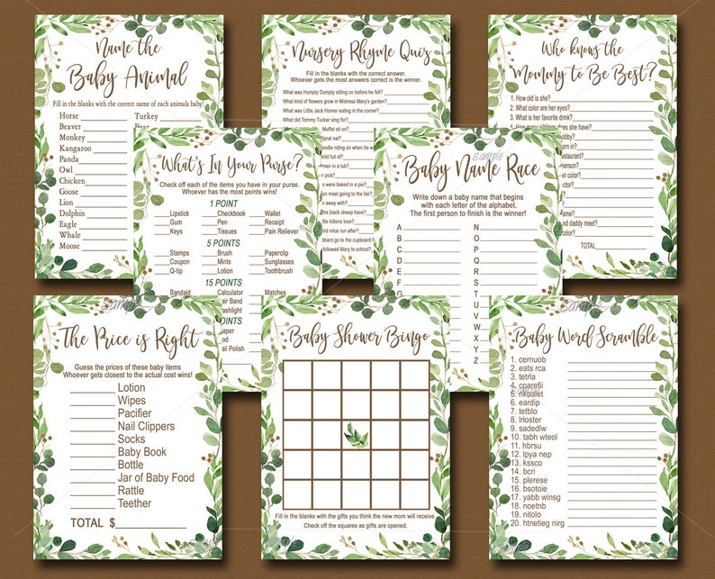 Greenery Baby Shower Games Package Set Of 8 Printable Games Etsy Greenery Baby Shower Games Package Set Of 8 Printable Games Etsy