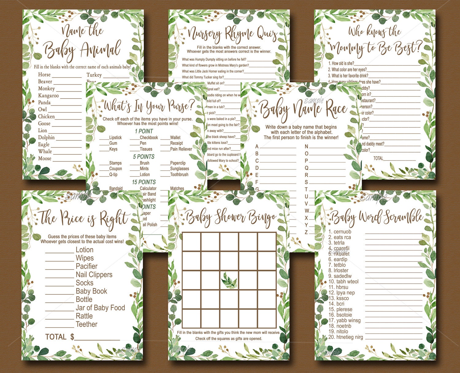 Greenery Baby Shower Games Package Set Of 8 Printable Games Etsy