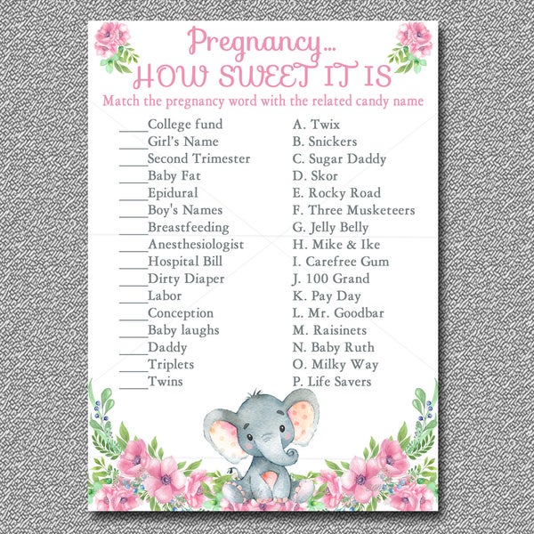 Pink Elephant Baby Shower game, How Sweet It Is Game, Printable, Candy Bar Game, Girl Elephant baby shower activity Instant Download  006