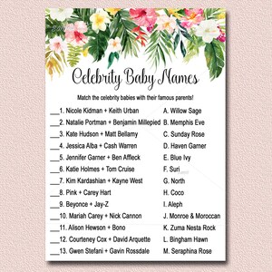 Tropical Baby Shower Game, Celebrity Baby name Game Printable, Hawaiian floral Luau Baby Shower game, Celebrity Baby Name Match 040