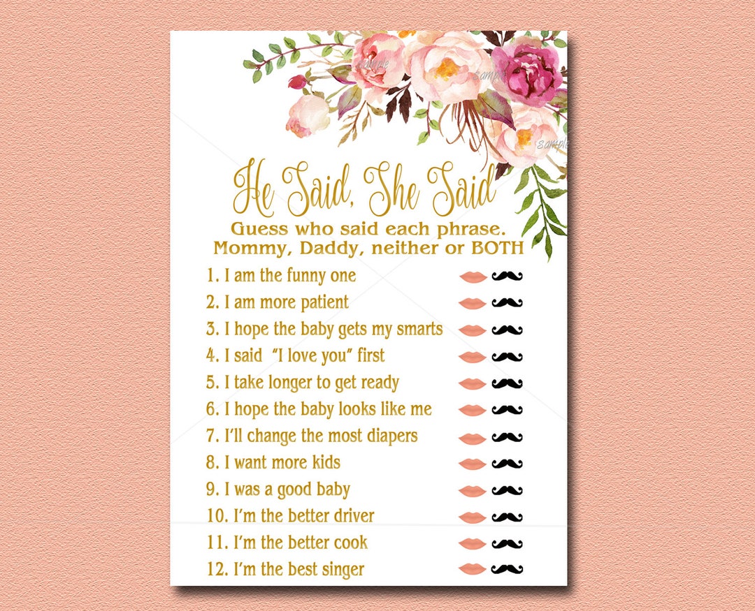 He Said She Said Floral Baby Shower Game, Printable Peach, Pink, Gold ...