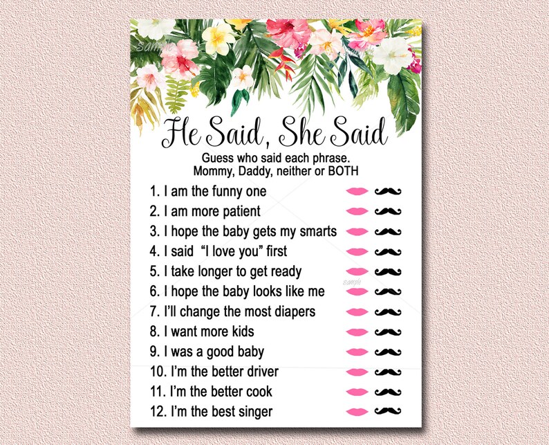 Tropical Baby Shower Game He Said She Said Game Printable Etsy