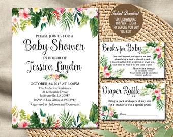 Luau Baby Shower Invitation set, Editable Invitation, PLUS Books for Baby & Diaper Raffle card, Tropical invitation, instant download 040