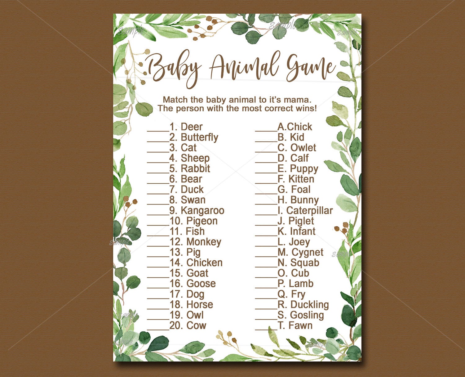 Greenery Baby Shower Game, Baby Animal Game Printable, Green Baby Shower,  leaves Baby Shower watercolor Instant Download 046