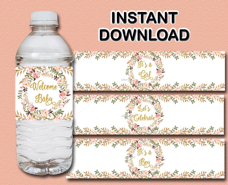 Floral Baby Shower Water Bottle Labels Printable Peach Pink Etsy