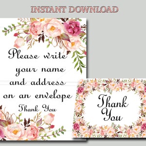 Cartão de agradecimento floral para chá de bebê e placa de endereço para impressão - Chá de bebê floral rosa Boho, DOWNLOAD INSTANTÂNEO 021