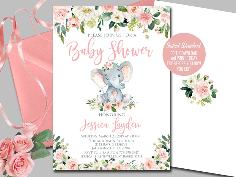 Blush Pink Girl Elephant Baby Shower Invitation Editable - Etsy
