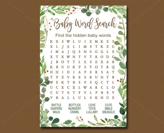 Greenery Baby Shower Game, Word Search Game, Printable, Hidden.