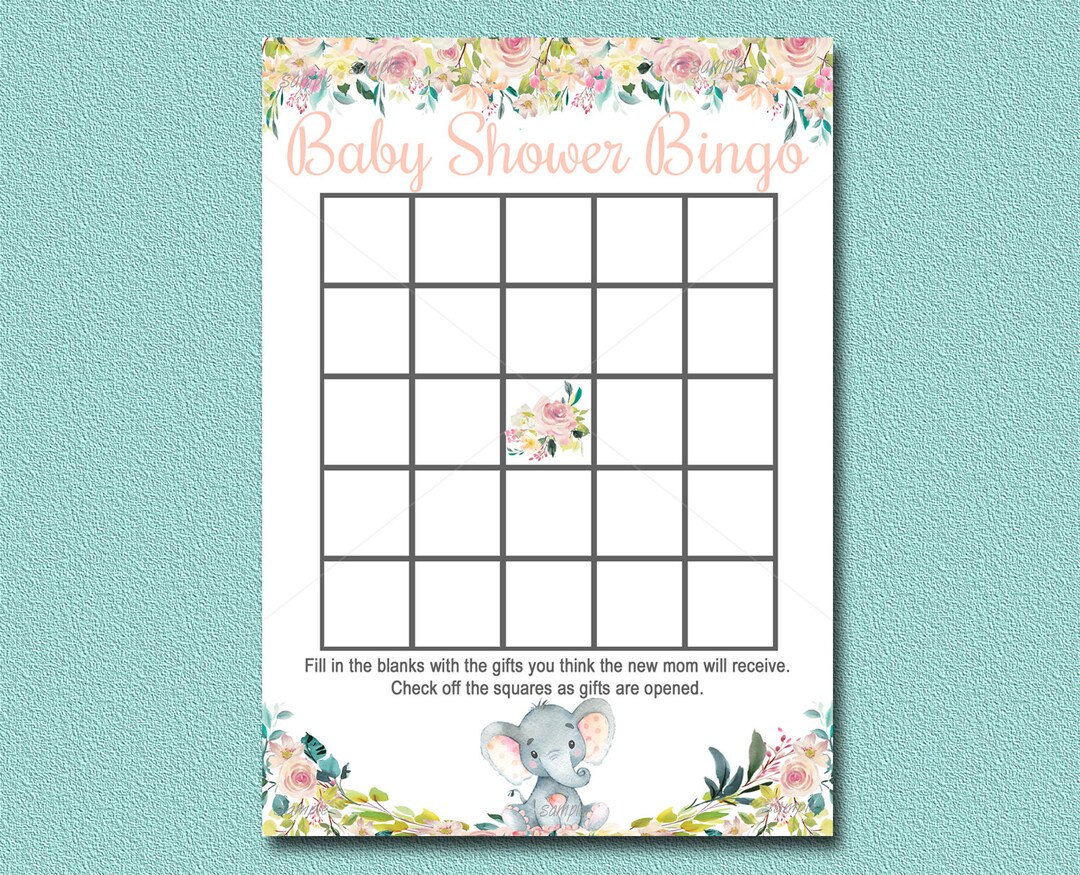 Elephant Baby Shower Bingo Game, Printable Bingo Card, Girl Baby Shower ...