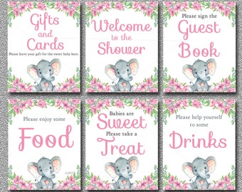 Pink Elephant Baby Shower Table Signs, Set of 6 Printable Signs, Girl Baby Shower Signs, Welcome, Drinks, Food, Gifts, Treat, Guest Book 006