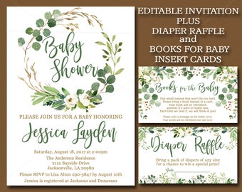 Greenery Wreath Baby Shower invitation set Editable invite, Books for Baby & Diaper Raffle cards Green Rustic Invite, instant download 046