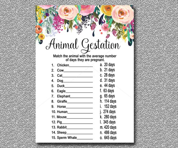 Floral Baby Shower Game Animal Gestation Game Printable | Etsy