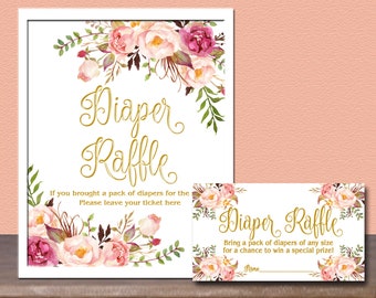 Gold Floral Baby Shower Diaper Raffle Insert Card & Sign, Peach Baby Shower Invitation insert - diaper raffle ticket, INSTANT DOWNLOAD 029