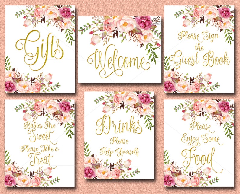Peach Floral Baby Shower Table Signs Set Of 6 Gold Boho Baby Etsy