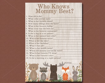 Woodland Baby Shower Game, Who Knows Mommy Best, How Well Do You Know the Mommy Game, Forest Animals Baby shower, Instant download  016