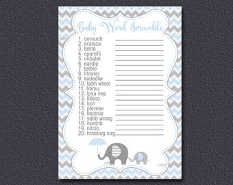 Elephant Baby Shower Game, Word Scramble Game, Printable Boy Baby Shower, Blue and gray chevron  Baby Shower Instant Download 032