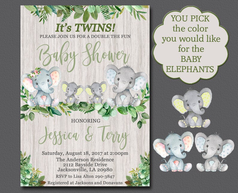 Elephant TWINS Baby Shower Invitation Rustic Greenery Etsy