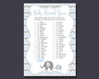 Elephant Shower Game, Baby Animals Game Printable, Boy Baby Shower, Blue and gray chevron baby shower - Instant Download 032