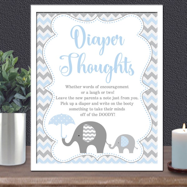 Blue Elephant Diaper Thoughts Game Sign, Printable Baby Shower game, Late Night Diaper Game, Boy INSTANT DOWNLOAD matches invitation  032