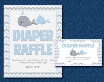 Whale Baby Shower Diaper Raffle Card insert and Sign, Printable Chevron Nautical Baby Shower - diaper raffle ticket, INSTANT DOWNLOAD 043