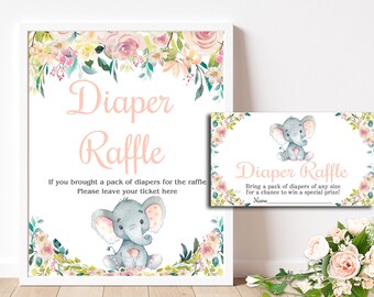 Elephant Diaper Raffle Card insert & Sign, Printable Floral Elephant Baby Shower diaper raffle ticket insert INSTANT DOWNLOAD 044
