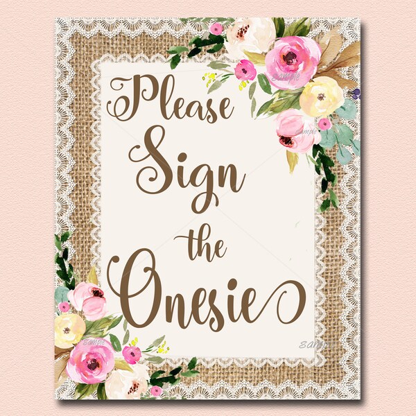 Burlap Baby Shower Sign the Onesie Sign, Printable Burlap & Lace Floral Baby shower sign, Flower Baby Shower printable instant download 030