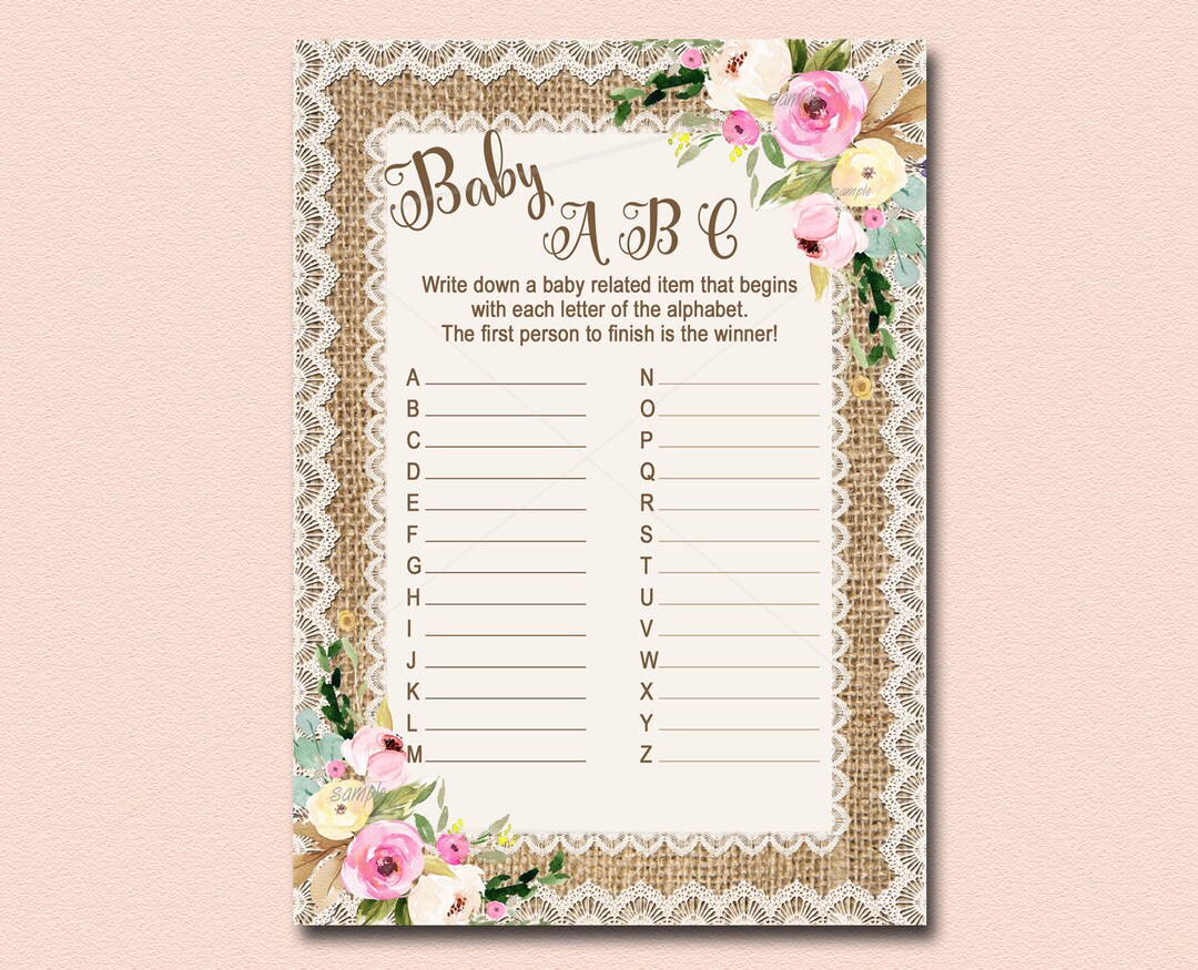 Burlap Baby Shower Game, Printable, Baby ABC Game, Rustic Baby Shower ...