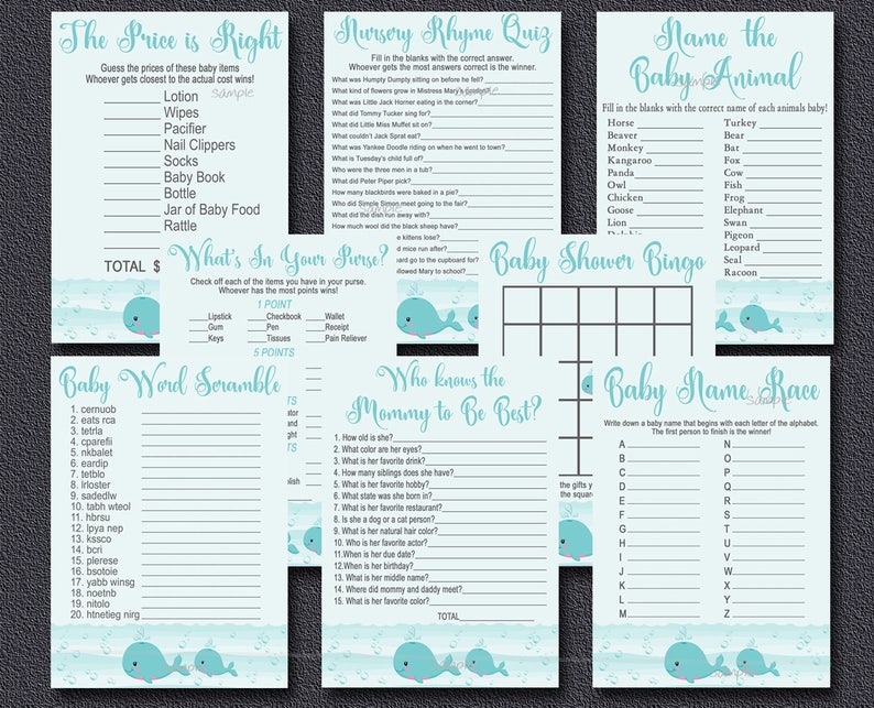 printable Party Pack Instant Download 034 Whale Baby Shower Game Pack Aqua Nautical baby shower Games package 8 Printable Games