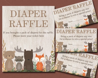 Woodland Baby Shower Diaper Raffle Insert ticket & Sign, Printable - Woodland diaper raffle card, Forest Animals Baby Shower, 016