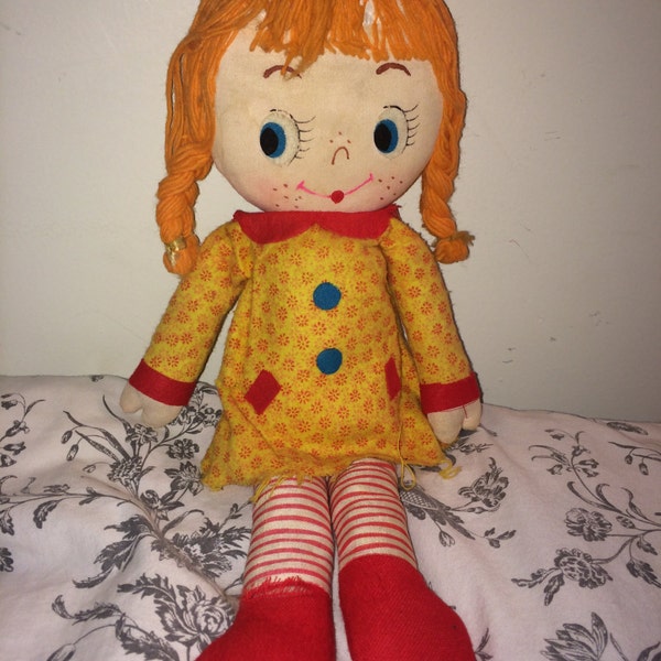 Holiday Fair 1971 Cloth BIG EYES Doll VINTAGE Made in Japan Happy Sad 15 Inch Height Yarn Hair Redhead Striped Yellow Dress Dollie Dolly