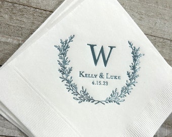 Personalized Napkins Wedding Napkins Custom Laurel Wreath Decorative Wreath Beverage Cocktail Luncheon Dinner Guest Towels Available!