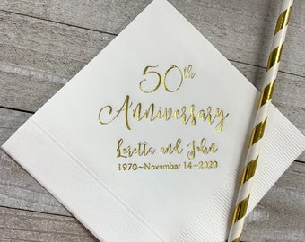 Personalized 50th Anniversary Golden Napkins Wedding Custom Monogram 50th Anniversary Beverage Cocktail Luncheon Dinner Guest Towels