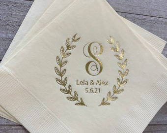 Personalized Wedding Napkins Custom Monogram Rustic Flowers Laurel Wreath Lots of Napkin Colors and Print Colors to choose from!