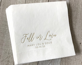 Personalized Napkins Beverage & Luncheon Size Available Wedding Napkins Shower Engagement Custom Monogram Fall in Love Rustic Country