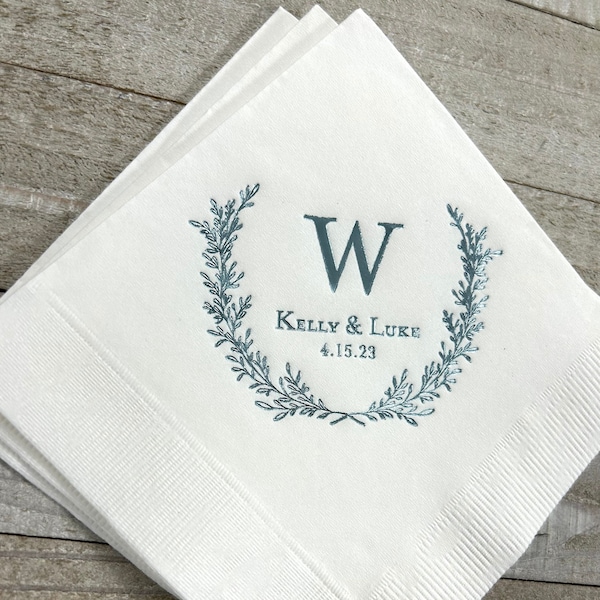 Personalized Napkins Wedding Napkins Custom Laurel Wreath Decorative Wreath Beverage Cocktail Luncheon Dinner Guest Towels Available!