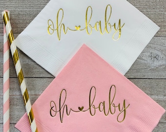 25 - Light Pink or White w/ Metallic Gold Foil Cocktail Beverage Napkins Napkin Baby Shower Oh Baby SHIPS in 24 HOURS or less!!!