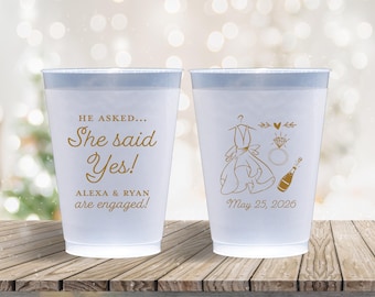 Personalized Frosted Cups He Asked She Said Yes Engagement Party Custom Cups Monogram Cups Custom Frosted Cups