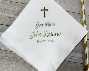 Personalized Baptism Monogram Cocktail Beverage Napkins Wedding Birthday Baby Communion Christening Religious Luncheon Dinner Guest Tow