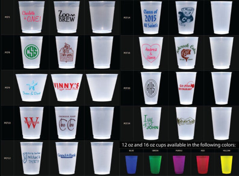 Shatterproof Frosted Frost 100 Flex Cups Personalized Custom Monogram Initials Imprinted Wedding Party Cookout BBQ Engagement ALL SIZES