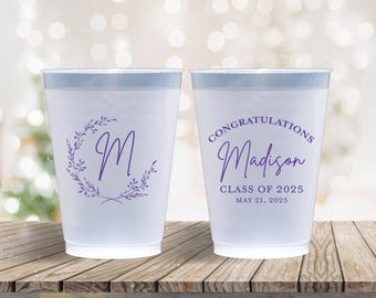 Personalized Frosted Cups Graduation Party Wreath Grad Cap Custom Cups Monogram Cups Custom Frosted Cups Logo