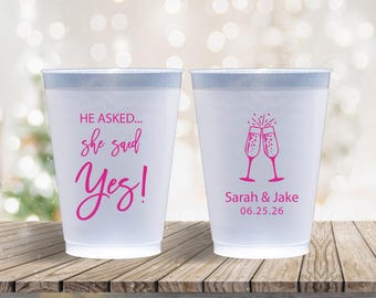 Personalized Frosted Cups He Asked She Said Yes Engagement Party Custom Cups Monogram Cups Custom Frosted Cups