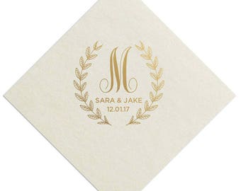 100 Personalized Wedding Napkins Custom Monogram Rustic Flowers Laurel Wreath Lots of Napkin Colors and Print Colors to choose from!