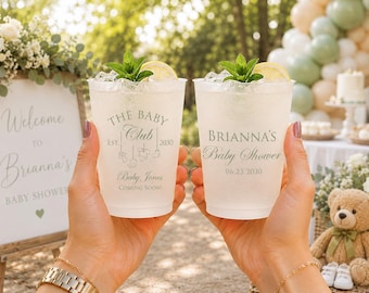 May include: Two clear plastic cups filled with ice, a lemon slice, and mint leaves. The left cup features the text THE BABY CLUB EST. 2030, Baby Jones, COMING SOON. The right cup features the text BRIANNA'S Baby Shower 06.25.2030.