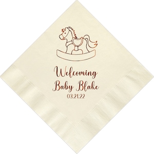 Personalized Napkins Beverage Luncheon Dinner Guest Towel Napkins Baby Birthday Shower Rocking Horse Theme Custom Printed Monogrammed Napkin