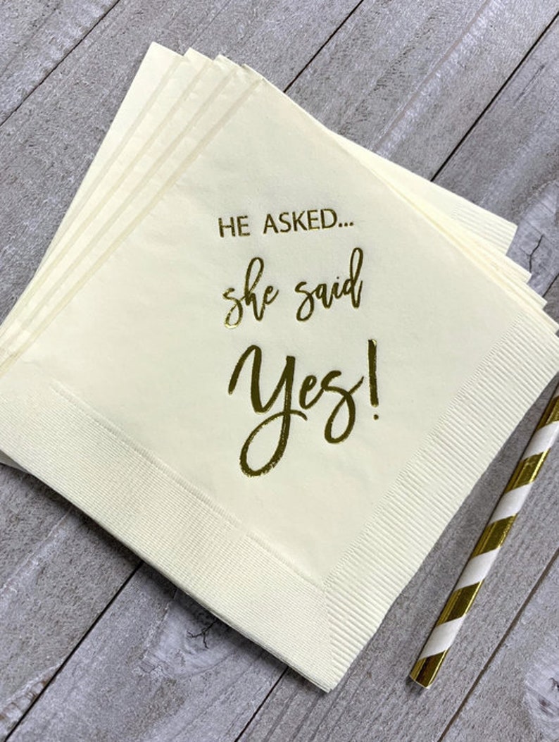 25 Ivory Ecru with Metallic Gold Foil Cocktail Beverage Napkins He Asked She said Yes Engagement Party SHIPS in 24 HOURS or less image 1