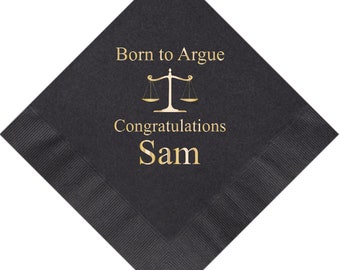 Personalized Law School Lawyer Attorney Graduation Napkins Born to Argue Cocktail Beverage Luncheon Dinner Guest Towels Size Available